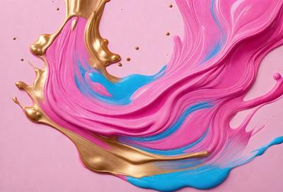 The primary subject of the image is a pink and blue swirl of paint, which is the main focus of the scene. The setting is a pink background, and the visual style appears to be a painting or a digital artwork. The dominant colors in the image are pink and blue, creating a vibrant and lively atmosphere.