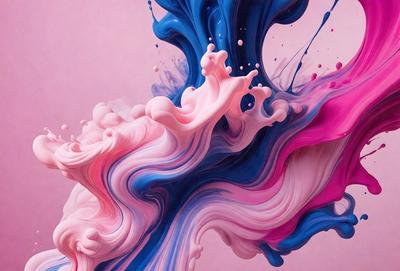 The primary subject of the image is a painting of a pink and blue swirl, which appears to be a digital art piece. The setting is a pink background, and the visual style is a combination of digital art and illustration. The dominant colors in the painting are pink and blue, creating a vibrant and lively atmosphere.