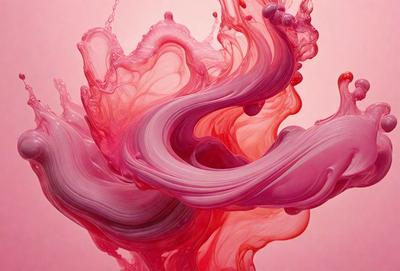 The primary subject of the image is a pink liquid, which appears to be a mix of water and paint. The setting is a pink background, which creates a visually striking contrast with the liquid. The visual style of the image is a combination of a photo and digital art, as it captures the movement and flow of the pink liquid. The dominant colors in the image are pink and red, creating a warm and vibrant atmosphere.