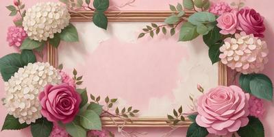 The primary subject of the image is a pink frame with a picture of flowers in it. The setting is a pink background, and the visual style appears to be a combination of photo and digital art. The colors and mood of the image are predominantly pink, creating a warm and inviting atmosphere.