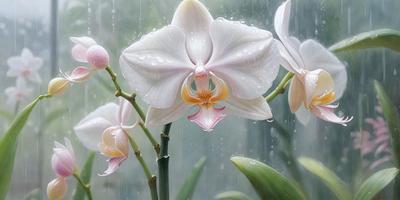 The primary subject of the image is a white orchid flower with a yellow center, sitting in a vase. The setting is a rainy day, as evidenced by the rain drops on the flower and the surrounding environment. The visual style is a painting, with the artist capturing the beauty of the orchid in a rainy setting. The colors and mood of the image are predominantly white and yellow, with a hint of rain drops, creating a serene and peaceful atmosphere.