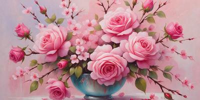 The primary subject of the image is a vase filled with pink roses. The vase is placed on a table, and the roses are arranged in a bowl. The setting is a pink background, which adds to the overall mood of the scene. The visual style of the image is a painting, which gives it a more artistic and detailed appearance. The dominant colors in the painting are pink and white, creating a warm and inviting atmosphere.