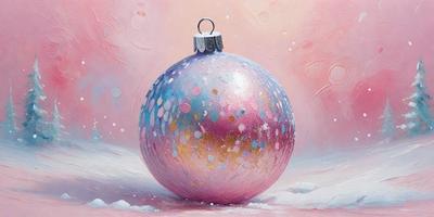 The primary subject of the image is a large, colorful, and ornate Christmas ball. The ball is placed on a pink surface, which adds a warm and festive touch to the scene. The visual style of the image is a combination of painting and digital art, creating a vibrant and eye-catching display. The colors and mood of the image are predominantly pink and festive, evoking a sense of joy and celebration during the holiday season.