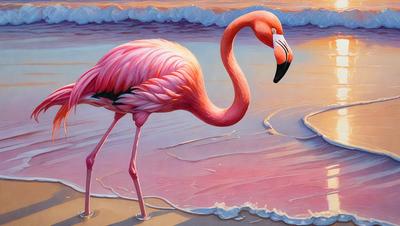 The primary subject of the image is a pink flamingo standing on a beach near the water. The setting is a beach with a pink and blue sky in the background. The visual style is a painting, which gives the image a vibrant and artistic appearance. The dominant colors are pink and blue, creating a warm and inviting atmosphere.