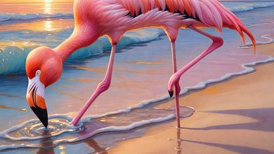 The primary subject of the image is a pink flamingo standing on a beach near the water. The setting is a beach with a body of water, and the visual style is a painting or drawing. The colors and mood of the image are predominantly pink, which gives it a warm and inviting atmosphere.