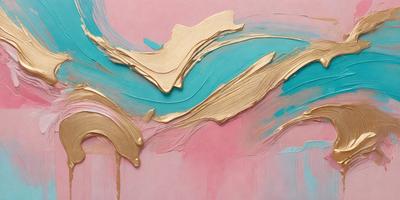 The primary subject of the image is a painting, which features a pink background and a blue water-like element. The painting appears to be a mix of digital art and illustration, creating a unique visual style. The dominant colors in the painting are pink and blue, giving it a warm and calming atmosphere.