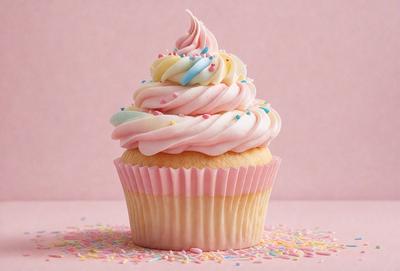 The primary subject of the image is a cupcake with pink and white frosting. The cupcake is placed on a pink surface, which serves as the setting. The visual style of the image is a close-up of the cupcake, showcasing its delicious appearance. The dominant colors in the image are pink and white, creating a sweet and inviting atmosphere.