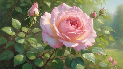 The primary subject of the image is a single pink rose, which is the main focus of the scene. The rose is situated in a green leafy environment, with a background of more green leaves. The visual style of the image is a painting, which gives it a more artistic and detailed appearance. The dominant colors in the image are pink and green, creating a warm and natural atmosphere.