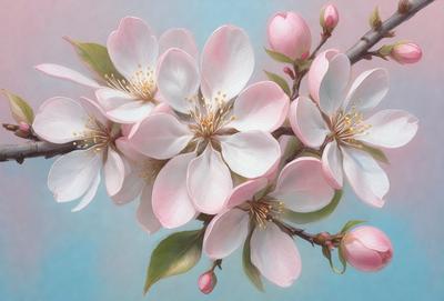 The primary subject of the image is a beautiful bouquet of pink flowers. The flowers are arranged in a vase, creating a visually appealing scene. The setting is a blue background, which adds a sense of depth and contrast to the image. The visual style is a painting, which showcases the artist's skill in capturing the beauty of the flowers. The colors and mood of the image are predominantly pink, creating a warm and inviting atmosphere.