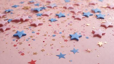 The primary subject of the image is a pink background with gold stars scattered across it. The setting appears to be a celebration or a festive event, as the gold stars are often associated with confetti or decorations. The visual style of the image is a combination of photo and digital art, as the gold stars are placed on the pink background, creating a visually appealing and festive atmosphere. The colors and mood of the image are predominantly pink and gold, which are often associated with warmth, love