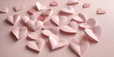 The primary subject of the image is a collection of pink paper hearts. These hearts are arranged on a pink surface, creating a visually appealing and heartwarming scene. The setting appears to be a creative and artistic environment, possibly for crafting or decorating purposes. The visual style of the image is a combination of digital art and illustration, as the paper hearts are carefully crafted and arranged to create a cohesive and aesthetically pleasing display. The colors and mood of the image are
