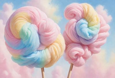 The primary subject of the image is a pair of colorful cotton candy lollipops, each with a different color. The setting is a cloudy sky, which serves as the backdrop for the lollipops. The visual style of the image is a painting, with the artist skillfully capturing the vibrant colors and textures of the cotton candy. The dominant colors in the painting are pink, blue, yellow, and white, creating a cheerful and playful atmosphere.