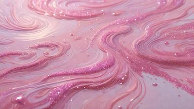 The primary subject of the image is a pink and purple swirl pattern, which is created using glittery pink and purple paint. The setting is a pink and purple background, which adds to the overall visual style. The image is a digital art piece, showcasing the artist's creativity and skill in designing and painting the swirl pattern. The colors and mood of the image are vibrant, energetic, and lively, as the pink and purple hues e