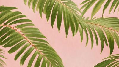The primary subject of the image is a close-up of a palm tree leaf. The leaf is green and appears to be a painting or drawing. The setting is a pink background, which adds a contrasting color to the scene. The visual style suggests that the image is a painting or drawing, rather than a photo. The colors and mood of the image are predominantly green and pink, creating a warm and inviting atmosphere.