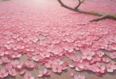 The primary subject of the image is a field of pink flowers, with a variety of petal shapes and sizes. The setting is a grassy area with a tree in the background. The visual style is a painting, with a vibrant and lively atmosphere created by the pink flowers and the natural environment.