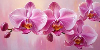 The primary subject of the image is a bouquet of pink flowers. The flowers are arranged in a vase, creating a beautiful and colorful display. The setting is a pink background, which complements the flowers and adds to the overall visual style. The image is a painting, showcasing the artist's skill in capturing the beauty of the flowers and their arrangement. The colors and mood of the painting are predominantly pink, creating a warm and inviting atmosphere.