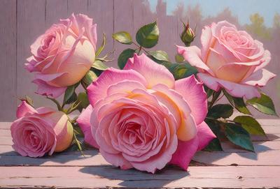 The primary subject of the image is a bouquet of pink and yellow roses. The roses are arranged in a vase, and they are placed on a wooden table. The setting is a room with a wall, and the visual style is a painting. The dominant colors in the image are pink and yellow, creating a warm and inviting atmosphere.