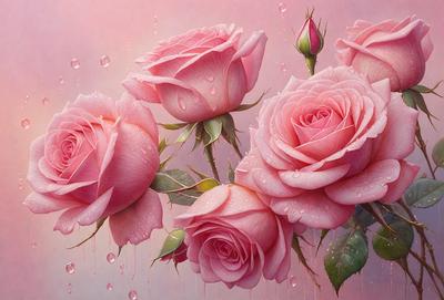 The primary subject of the image is a bouquet of pink roses. The setting is a pink background, which adds to the overall mood of the scene. The visual style is a painting, with the artist skillfully capturing the beauty of the roses. The colors and mood of the image are predominantly pink, creating a sense of warmth and elegance.