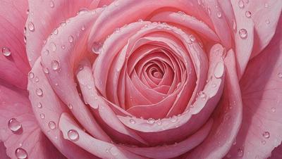 The primary subject of the image is a pink rose with drops of water on it. The rose is the focal point of the scene, and it is depicted in a realistic manner, likely as a photo or a digital art piece. The setting is a close-up of the rose, and the background consists of water droplets, creating a visually appealing and moist atmosphere. The colors in the image are predominantly pink, which gives the scene a warm and inviting mood.