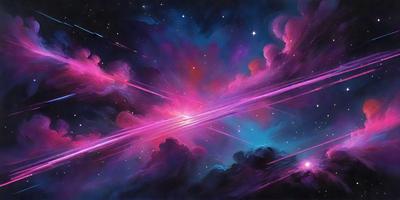 The primary subject of the image is a colorful, pink and purple nebula with a star in the center. The setting is a dark, cloudy sky, and the visual style is a digital art or illustration. The dominant colors and overall atmosphere are vibrant and lively, with a sense of wonder and exploration.