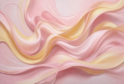The primary subject of the image is a painting of a pink and yellow swirl. The setting is a white wall, and the visual style is a painting. The dominant colors in the painting are pink and yellow, creating a warm and vibrant atmosphere.