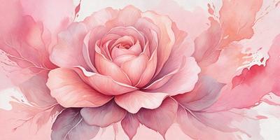 The primary subject of the image is a large, beautiful pink rose. The rose is the main focus of the image, and it is displayed against a pink background. The visual style of the image is a watercolor painting, which gives it a vibrant and artistic appearance. The dominant colors in the image are pink and purple, creating a warm and inviting atmosphere.