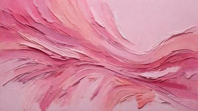 The primary subject of the image is a painting of a pink wave. The setting is a pink background, which complements the painting. The visual style is a painting, and the colors and mood are predominantly pink, creating a warm and inviting atmosphere.