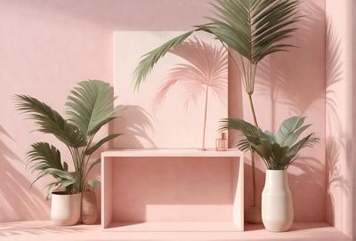 The primary subject of the image is a pink wall with a mirror on it. The setting is a room with a pink wall and a pink table. The visual style is a photo, and the colors and mood are predominantly pink, creating a warm and inviting atmosphere.