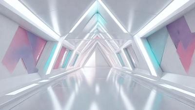 The primary subject of the image is a long, narrow hallway with a white floor and walls. The setting is a white room with a tunnel-like structure, and the visual style appears to be a combination of photo and digital art. The colors and mood of the image are predominantly white, giving it a clean and minimalist appearance.