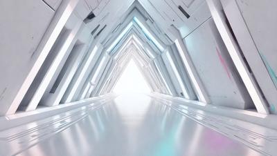 The primary subject of the image is a long, narrow hallway with a white color scheme. The setting is a futuristic environment, possibly a space station or a high-tech building. The visual style is a combination of photo and digital art, creating a unique and intriguing atmosphere. The dominant colors are white and blue, giving the scene a clean and modern feel.