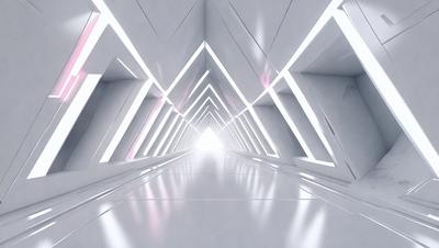 The primary subject of the image is a long, narrow hallway with a white surface. The setting is a white room with a white floor, and the visual style is a photo. The colors and mood of the image are predominantly white, creating a clean and minimalist atmosphere.