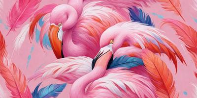 The primary subject of the image is a group of three flamingos standing next to each other. They are painted in a vibrant pink color, which gives the scene a lively and cheerful atmosphere. The flamingos are positioned in front of a pink background, which further emphasizes their vivid hues. The visual style of the image is a painting, which showcases the artist's skill in capturing the beauty and grace of these birds.