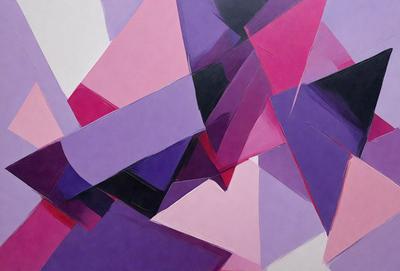 The primary subject of the image is a colorful, abstract artwork featuring a mix of purple, pink, and black colors. The setting is a white background, which provides a clean and minimalist appearance. The visual style is a combination of digital art and illustration, creating a unique and eye-catching design. The overall atmosphere is vibrant and energetic, with the colors and patterns creating a sense of movement and dynamism.