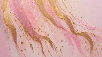 The primary subject of the image is a painting of a pink and gold swirl. The setting is a pink background, and the visual style appears to be a digital art or illustration. The dominant colors in the painting are pink and gold, creating a warm and vibrant atmosphere.
