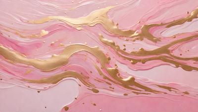 The primary subject of the image is a painting of a wave with gold and pink colors. The setting is a pink background, and the visual style appears to be a digital art or illustration. The dominant colors are gold and pink, creating a warm and inviting atmosphere.