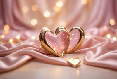 The primary subject of the image is a pair of gold heart-shaped charms. The setting is a pink background, which adds a romantic touch to the scene. The visual style is a close-up of the charms, showcasing their intricate details. The colors and mood of the image are predominantly pink, creating a warm and loving atmosphere.
