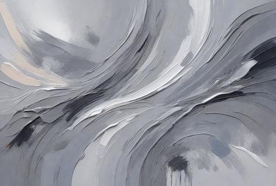 The primary subject of the image is a painting of a wave. The setting is a gray background, and the visual style appears to be a combination of digital art and illustration. The dominant colors in the painting are gray and white, creating a calm and serene atmosphere.