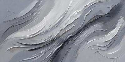 The primary subject of the image is a painting of a wave, featuring a gray and white color scheme. The setting is a canvas, and the visual style is a painting. The dominant colors and overall atmosphere are calm and serene, as the wave appears to be gently rolling.