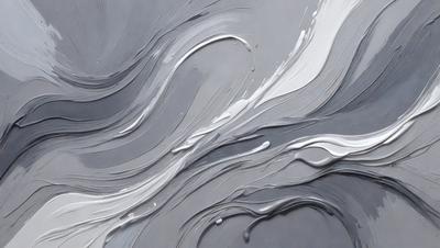 The primary subject of the image is a painting of a wave, featuring a mix of grays, whites, and greens. The setting is a gray background, which contrasts with the wave painting. The visual style is a painting, and the colors and mood convey a sense of calmness and tranquility.