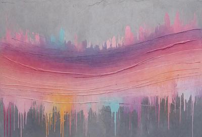 The primary subject of the image is a painting or drawing featuring a colorful, abstract design. The setting is a gray background, which contrasts with the vibrant colors of the artwork. The visual style appears to be a combination of digital art and illustration, creating a unique and eye-catching piece. The dominant colors in the artwork are pink, purple, and orange, giving the piece a lively and energetic atmosphere.