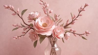 The primary subject of the image is a vase filled with pink flowers, including peach and white flowers. The vase is placed on a pink surface, which adds to the overall mood of the scene. The visual style of the image is a combination of photo and digital art, creating a realistic yet artistic representation of the flowers. The colors and mood of the image are predominantly pink, which gives it a warm and inviting atmosphere.