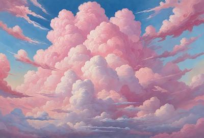 The primary subject of the image is a large, pink, fluffy cloud. The cloud is the main focus of the image, and it is set against a blue sky. The visual style of the image is a painting, which gives it a more artistic and creative appearance. The dominant colors in the image are pink and blue, creating a warm and inviting atmosphere.
