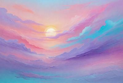 The primary subject of the image is a beautiful sunset with a sun in the sky. The setting is a cloudy sky, and the visual style is a painting or drawing. The colors and mood of the image are predominantly purple and pink, creating a serene and calming atmosphere.