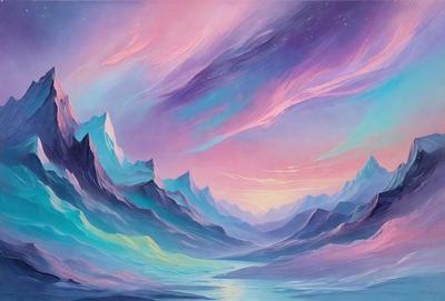 The primary subject of the image is a mountain range with a purple sky in the background. The setting is a mountainous landscape with a body of water, possibly a lake, in the foreground. The visual style is a painting or digital art, creating a vibrant and colorful atmosphere. The dominant colors are purple and blue, giving the scene a serene and dreamy mood.
