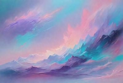 The primary subject of the image is a mountain range with a purple and blue hue. The setting is a cloudy sky, and the visual style appears to be a digital art or illustration. The colors and mood of the image are vibrant and serene, creating a sense of wonder and tranquility.