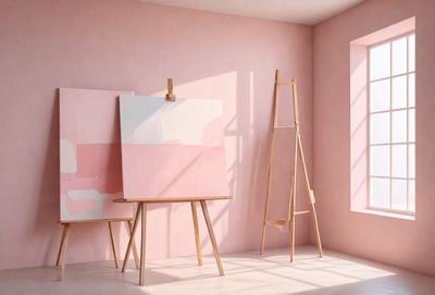 The primary subject of the image is a painting displayed on a wall. The painting is placed on a wooden easel, which is positioned in front of a window. The setting appears to be a room with a pink wall, and the visual style is a painting. The colors and mood of the image are predominantly pink, creating a warm and inviting atmosphere.