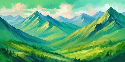 The primary subject of the image is a lush green mountain range with a valley in the middle. The setting is a beautiful, colorful landscape with a vibrant green color scheme. The visual style is a combination of digital art and illustration, creating a captivating and detailed scene. The colors and mood of the image evoke a sense of tranquility and natural beauty.