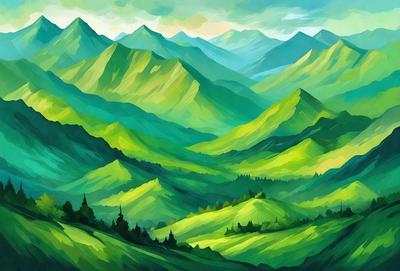 The primary subject of the image is a lush green mountain range with a valley in the middle. The setting is a beautiful, vibrant, and colorful landscape. The visual style is a painting or drawing, showcasing the artist's skill in capturing the natural beauty of the mountains. The colors and mood are predominantly green, conveying a sense of tranquility and harmony with nature.