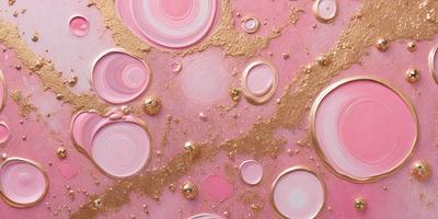 The primary subject of the image is a pink background with various gold and pink circles and bubbles scattered across it. The setting appears to be a pink and gold-themed room, possibly a bathroom or a decorative space. The visual style of the image is a combination of digital art and illustration, creating a unique and eye-catching design. The dominant colors in the image are pink and gold, giving it a warm and inviting atmosphere.