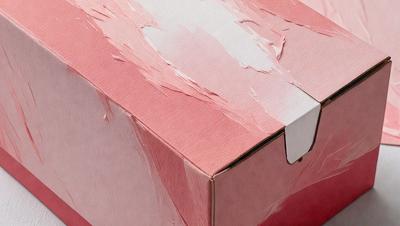 The primary subject of the image is a pink box with a peeling paint surface. The setting is a room with a pink background. The visual style is a close-up of the pink box, and the colors and mood are predominantly pink, giving the scene a warm and inviting atmosphere.